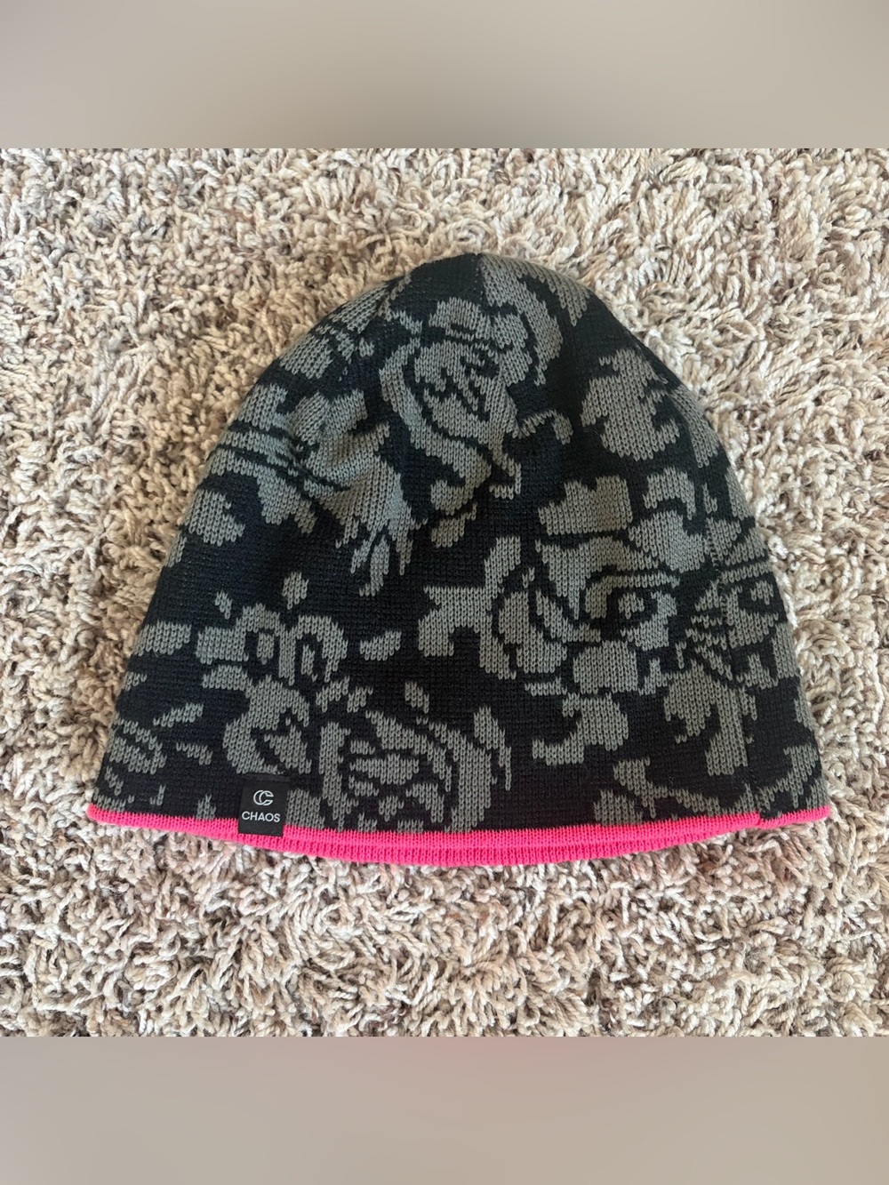 Women’s Chaos Black & Gray Floral Knit Beanie with bold Pink Trim